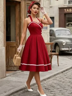 Retro Glamour Dress 1950s Style Burgundy Layered Buttons Sleeveless Sweetheart Neck Swing Dress