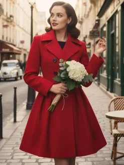 Retro Red 1950s Double-Breasted A-line Woolen Coat For Women 2026