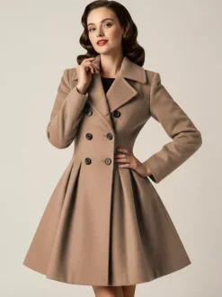 Retro Red 1950s Double-Breasted A-line Woolen Coat For Women 2026
