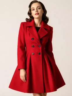 Retro Red 1950s Double-Breasted A-line Woolen Coat For Women 2026