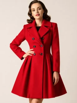 Retro Red 1950s Double-Breasted A-line Woolen Coat For Women 2026
