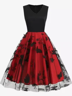 Retro Glamour Dress 1950s Black Two-Tone Layered Embroidered Sleeveless V-Neck Rockabilly Dress