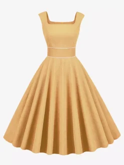 Retro Glamour Dress 1950s Style Baby Blue Piping Sleeveless Square Neck Medium Rockabilly Dress