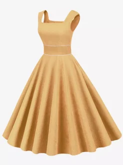 Retro Glamour Dress 1950s Style Baby Blue Piping Sleeveless Square Neck Medium Rockabilly Dress