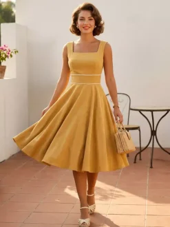 Retro Glamour Dress 1950s Style Baby Blue Piping Sleeveless Square Neck Medium Rockabilly Dress