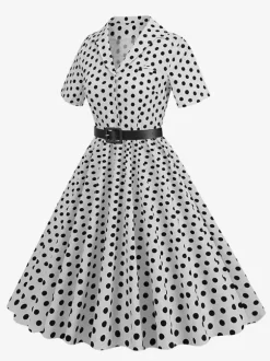 Retro Glamour Dress 1950s Style Turndown Collar Buttons Short Sleeves Polka Dot Swing Dress