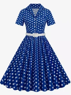 Retro Glamour Dress 1950s Style Turndown Collar Buttons Short Sleeves Polka Dot Swing Dress
