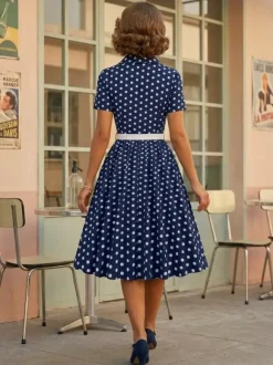 Retro Glamour Dress 1950s Style Turndown Collar Buttons Short Sleeves Polka Dot Swing Dress