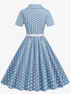 Retro Glamour Dress 1950s Style Turndown Collar Buttons Short Sleeves Polka Dot Swing Dress