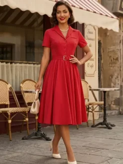 Retro Glamour Dress 1950s Style V-Neck Buttons Layered Short Sleeves Medium Rockabilly Dress