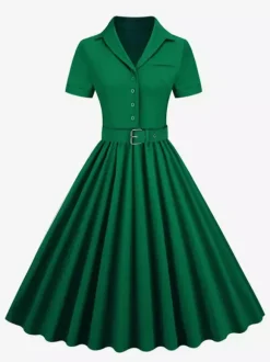 Retro Glamour Dress 1950s Style V-Neck Buttons Layered Short Sleeves Medium Rockabilly Dress