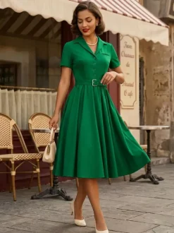 Retro Glamour Dress 1950s Style V-Neck Buttons Layered Short Sleeves Medium Rockabilly Dress