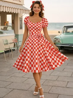 Retro Glamour Dress Sweetheart Neck Puff Sleeves Polka Dots Casual Long Dresses