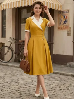 Retro Lapel Side Button Slim Fit Flare A Line Elegant Midi Dress For Women 2026