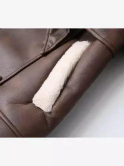 Retro Oversized Shearling Trim Leather Coat Belted Waist Plush Lining Cold Weather Jacket