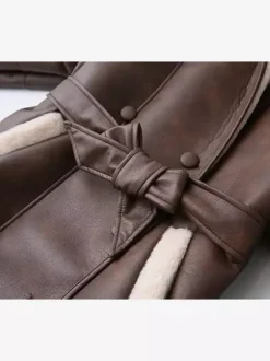 Retro Oversized Shearling Trim Leather Coat Belted Waist Plush Lining Cold Weather Jacket