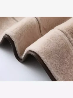 Retro Oversized Shearling Trim Leather Coat Belted Waist Plush Lining Cold Weather Jacket