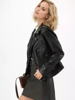 Retro Rivet Shoulder Leather Biker Coat Asymmetrical Zip Slim Long Sleeve Jacket