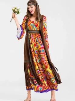 Retro Tudor Dress Costumes Orange Polyester Floral Print Marie Antoinette Costume Waistcoat Hippies Tunic 18th Century Costume Full Set