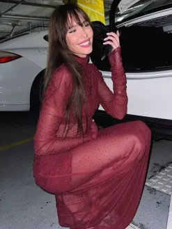 Rhinestone Mesh Maxi Dress For Women - Red Sheer High Neck Long Sleeve Bodycon Cover Up - Summer Clubwear Partywear 2026