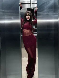 Rhinestone Mesh Maxi Dress For Women - Red Sheer High Neck Long Sleeve Bodycon Cover Up - Summer Clubwear Partywear 2026