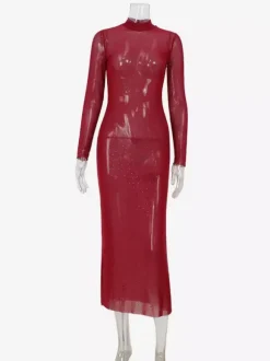 Rhinestone Mesh Maxi Dress For Women - Red Sheer High Neck Long Sleeve Bodycon Cover Up - Summer Clubwear Partywear 2026