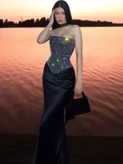 Rhinestone Lace Up Back Corset And Long Skirt Party 2-Piece Set For Women 2026