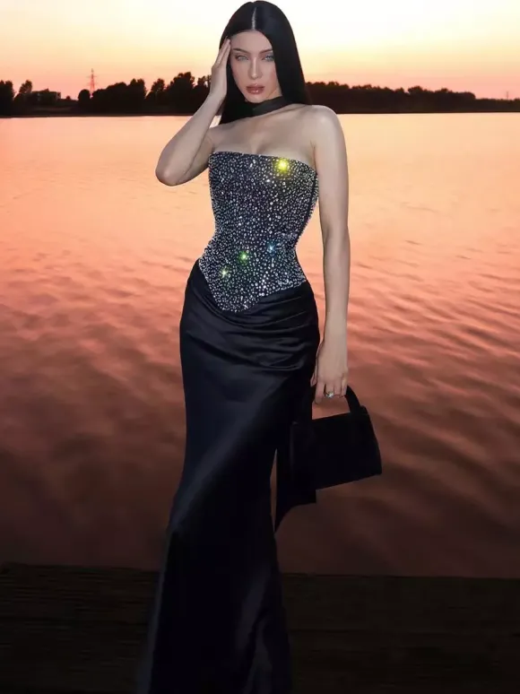 Rhinestone Lace Up Back Corset And Long Skirt Party 2-Piece Set For Women 2026