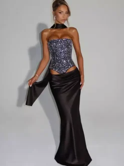Rhinestone Lace Up Back Corset And Long Skirt Party 2-Piece Set For Women 2026