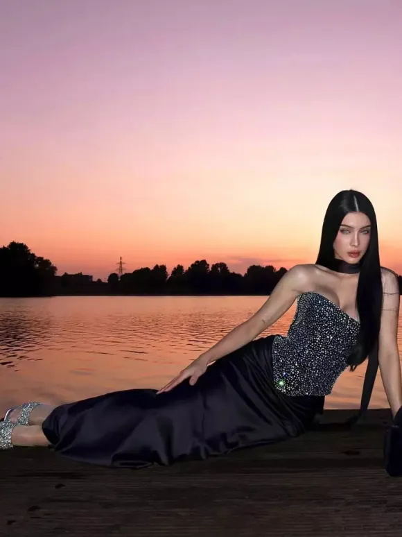 Rhinestone Lace Up Back Corset And Long Skirt Party 2-Piece Set For Women 2026
