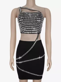 Rhinestone One Shoulder Bodycon Mini Dress With Asymmetrical Design 2026