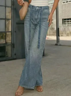 Rhinestone Wide Leg Jeans For Women - Washed Blue Y2K Belted Sparkly Straight Denim - Spring Party Night Out 2026