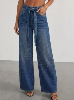Rhinestone Wide Leg Jeans For Women - Washed Blue Y2K Belted Sparkly Straight Denim - Spring Party Night Out 2026