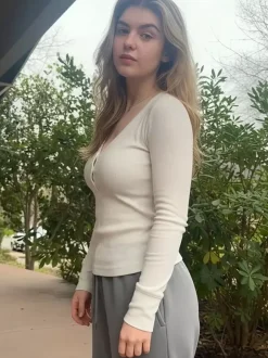 Ribbed Henley Shirt Top For Women - Casual V-Neck Long Sleeve Slim Fit Button Front Jersey Tee - Spring Daily Wear 2026