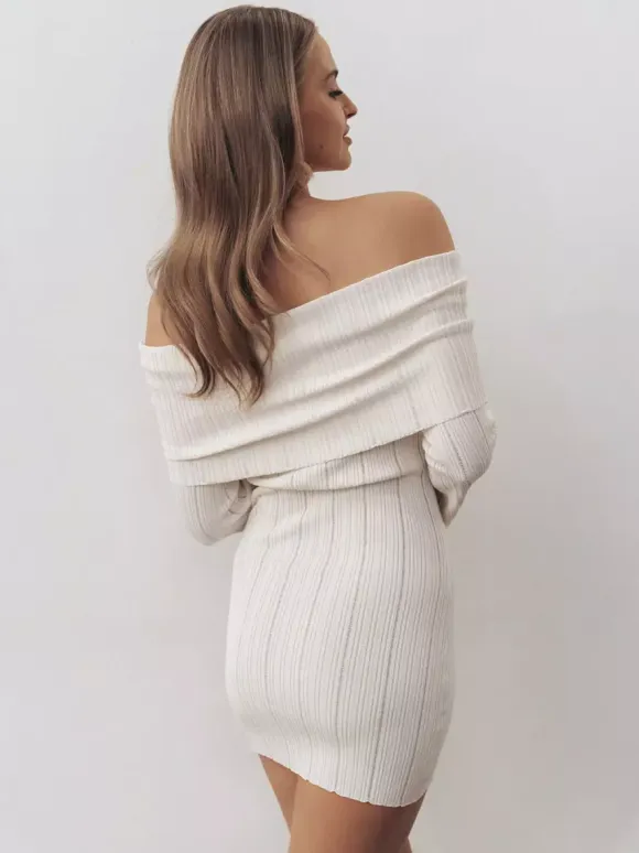 Ribbed Knit Off Shoulder Bodycon Mini Dress For Women 2026
