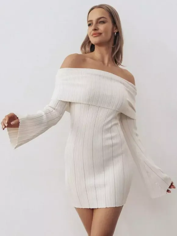 Ribbed Knit Off Shoulder Bodycon Mini Dress For Women 2026