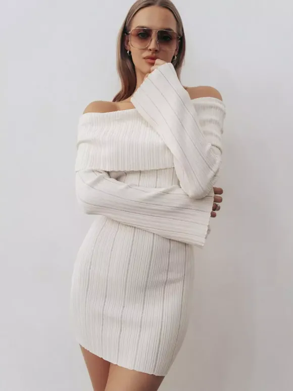 Ribbed Knit Off Shoulder Bodycon Mini Dress For Women 2026