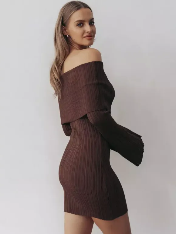 Ribbed Knit Off Shoulder Bodycon Mini Dress For Women 2026