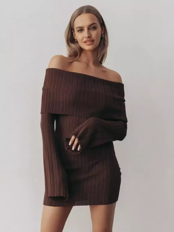 Ribbed Knit Off Shoulder Bodycon Mini Dress For Women 2026
