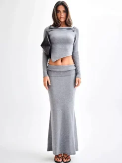 Ribbed Knit High Waist Bodycon Maxi Skirt For Women 2026