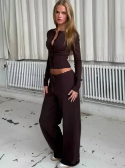 Ribbed Knit 2 Piece Set For Women - Slim Fit Button Up Cardigan And Wide Leg Lounge Pants - Spring Home Casual 2026