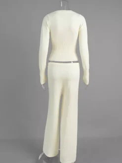 Ribbed Knit 2 Piece Set For Women - Slim Fit Button Up Cardigan And Wide Leg Lounge Pants - Spring Home Casual 2026