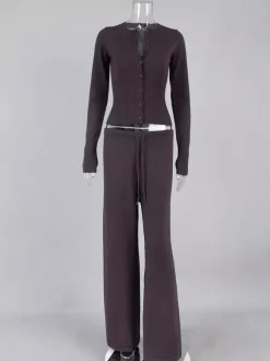 Ribbed Knit 2 Piece Set For Women - Slim Fit Button Up Cardigan And Wide Leg Lounge Pants - Spring Home Casual 2026