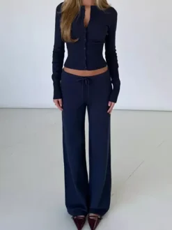 Ribbed Knit 2 Piece Set For Women - Slim Fit Button Up Cardigan And Wide Leg Lounge Pants - Spring Home Casual 2026