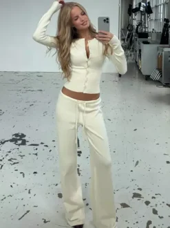 Ribbed Knit 2 Piece Set For Women - Slim Fit Button Up Cardigan And Wide Leg Lounge Pants - Spring Home Casual 2026