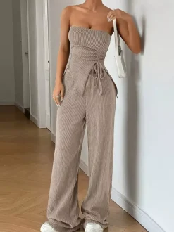 Ribbed Two Piece Set For Women - Khaki Sexy Tube Top And Wide Leg Pant Set - Summer Beach Vacation 2026