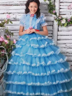 Rococo Blue Tiered Dress Royal Court Synthetic Costumes