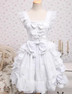 Rococo Lolita JSK Dress Lace Bow Ruffle White Cotton Lolita Jumper Skirt