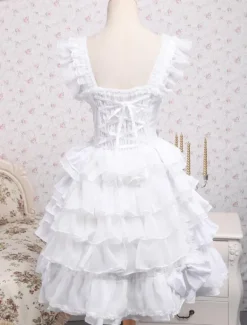 Rococo Lolita JSK Dress Lace Bow Ruffle White Cotton Lolita Jumper Skirt