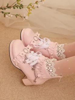ROCOCO Style Lolita Boots PU Leather Lace Ruffles Chains Round Toe Black Lolita Footwear